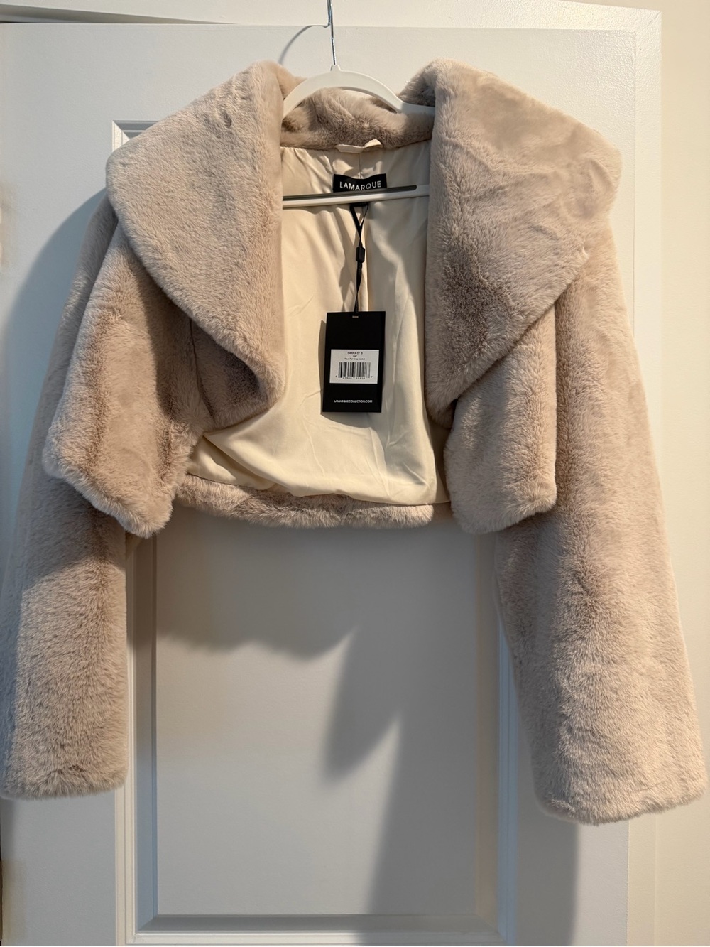 Lamarque Cropped Faux Fur Jacket in Soft Blush Taupe - Picture 2 of 7